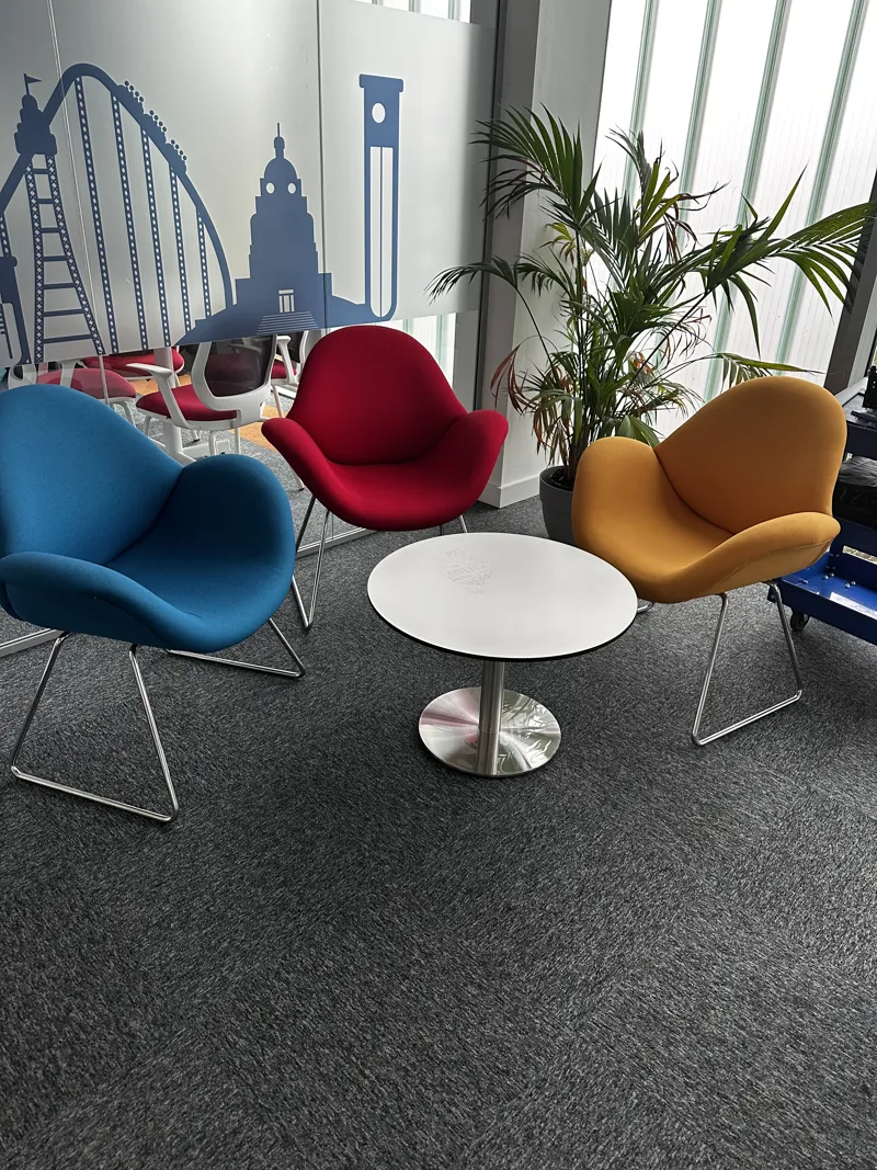 Modern Lounge Chairs Set - Blue, Red, Mustard with Round Table