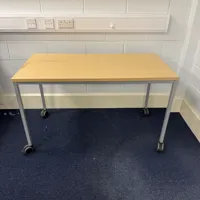 Light Wood Mobile Table with Grey Metal Frame and Castors