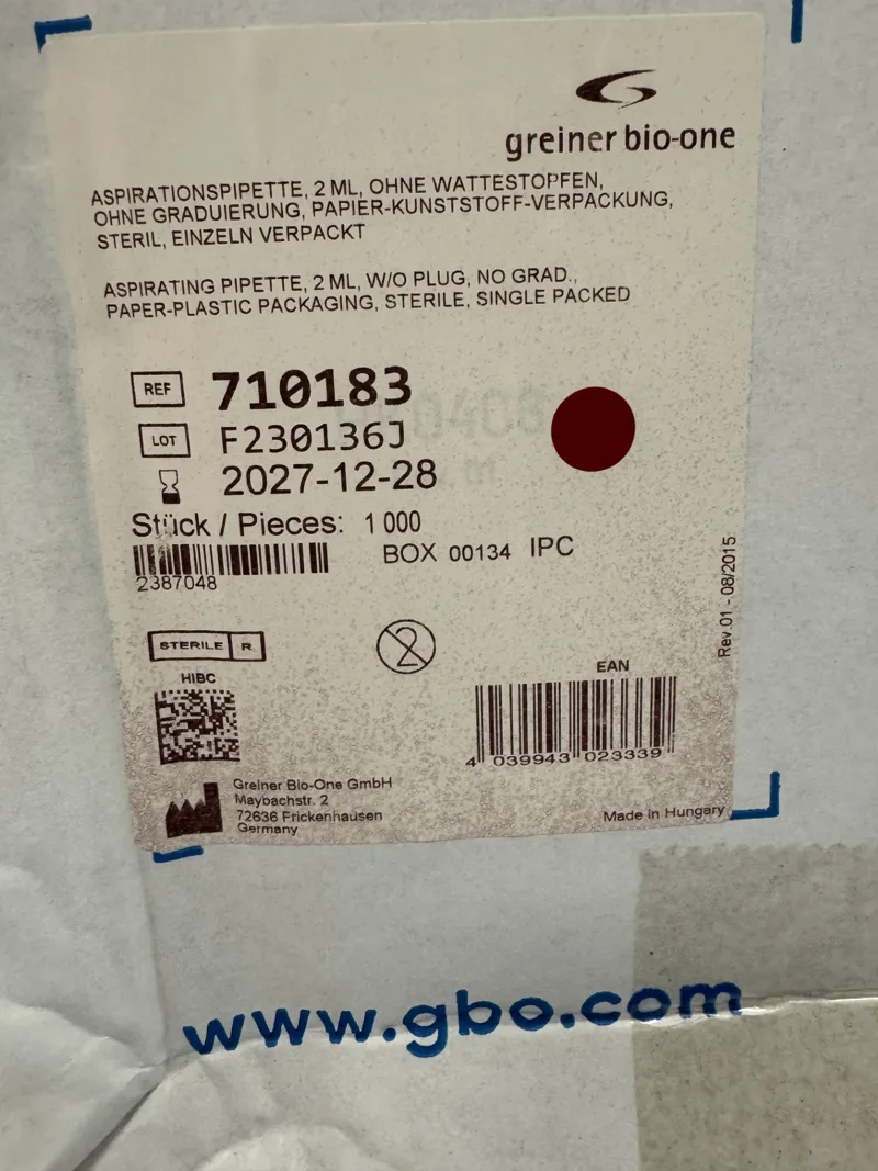 Box of Greiner Bio-One Aspiration Pipettes 2ml, Sterile