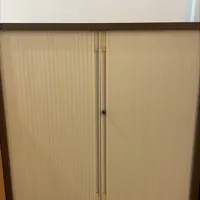 Tambour Door Storage Cabinet - Beige/Cream with Dark Frame With Key